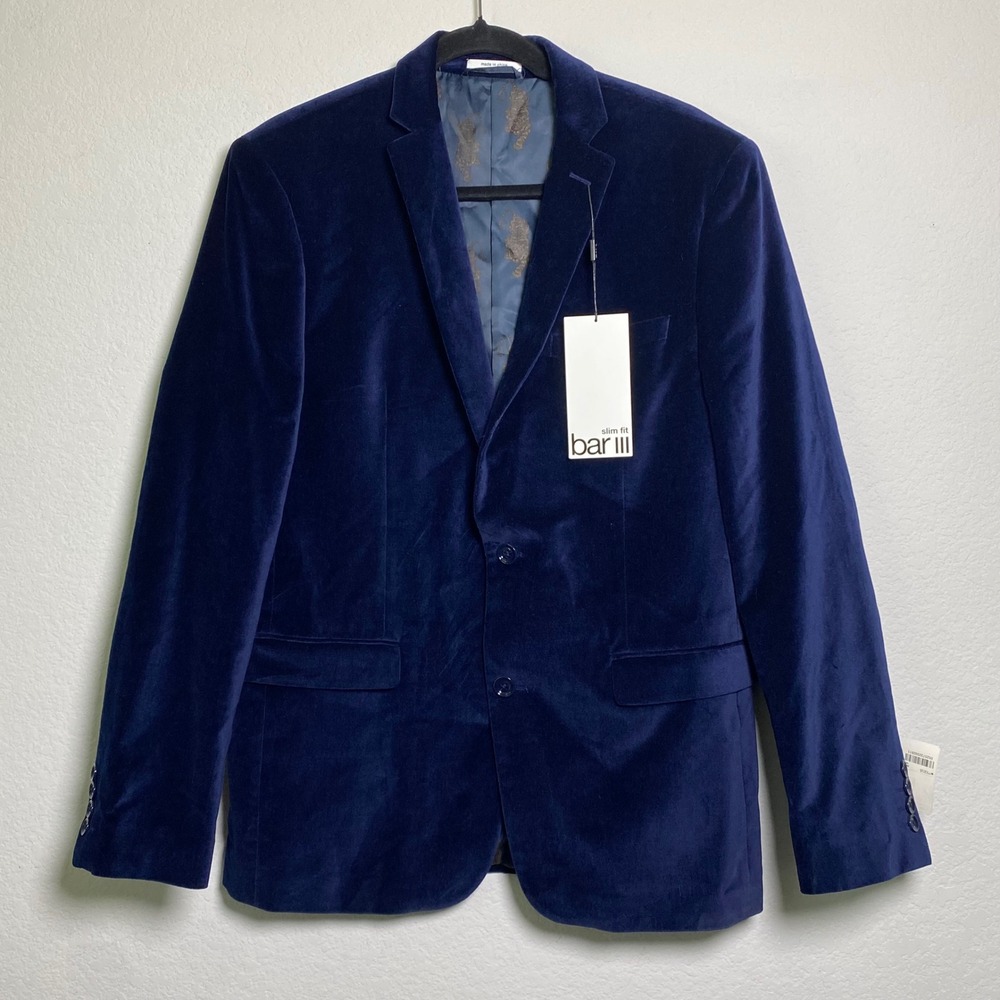 bar III Mens Slim Fit Velvet Blazer Jacket Blue Tiger‎ Print Lined 40R Holiday